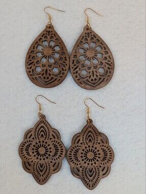 Wooden Laser Cut Boho Dangle Earrings Set Of Two